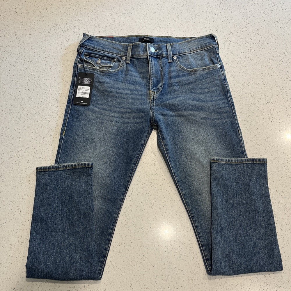 True Religion Jeans Mens 34X31 Blue Denim Rocco Snap Flap Relaxed Skinny NWT